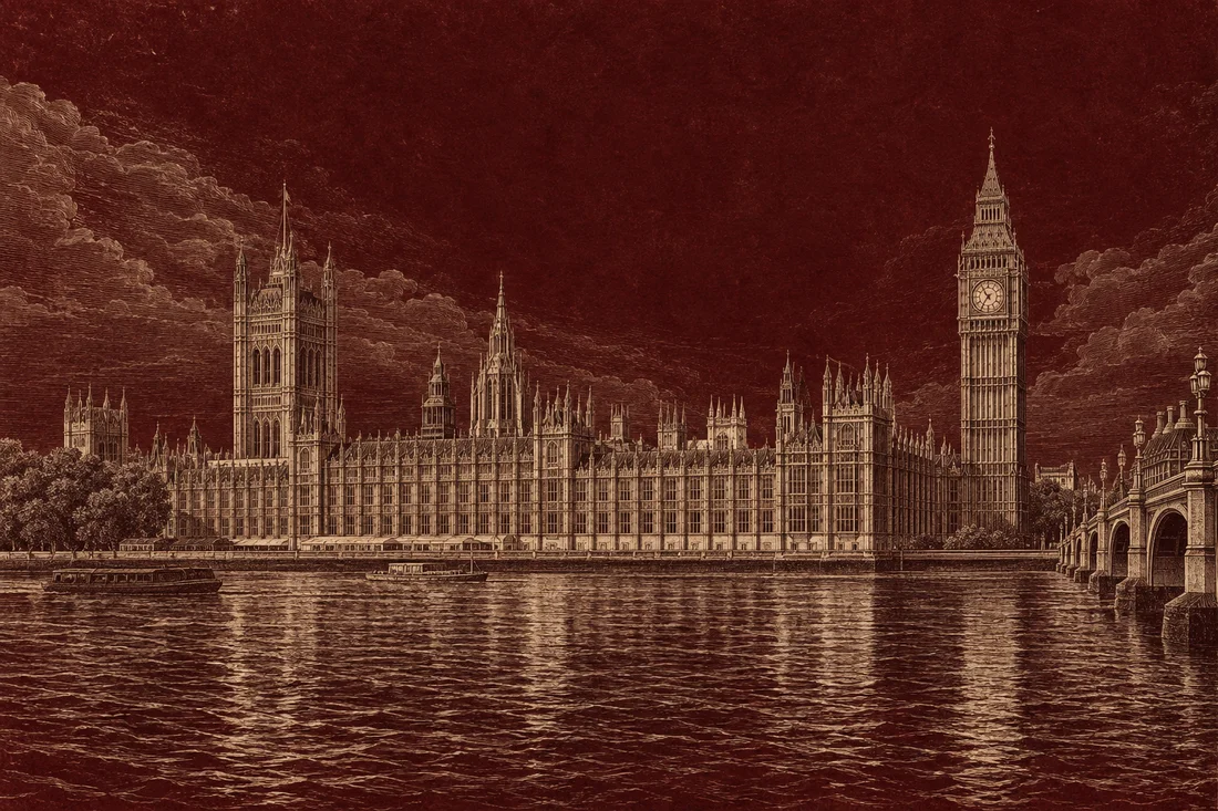 An illustrated engraving of Westminster across the Thames.